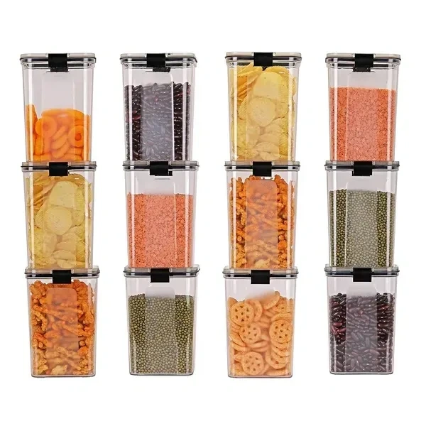 Haven&Hearth Airtight Kitchen Storage Container Set with Lock, 1100ml Square Plastic Jars, BPA-Free, Unbreakable Pantry Organizers for Dry Food, Snacks & Spices – Stackable, Transparent, Set of 6