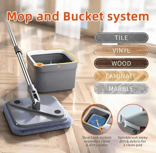 Spin Mop and Bucket Set with Self Separation Dirty and Clean Water System, Square Mop Bucket Self Wringing 360° Rotating Clean Floor Mop-Head for Hardwood Tile Marble Floors (Mop Set with 2pads)