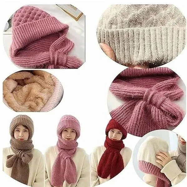 LETURE® Women’s 2-in-1 Integrated Hat & Scarf, Windproof Winter Woolen Cap with Ear Protection, Cold-Resistant Fleece Lining, Soft & Comfortable for Winter Activities Multicolour, 1 pic