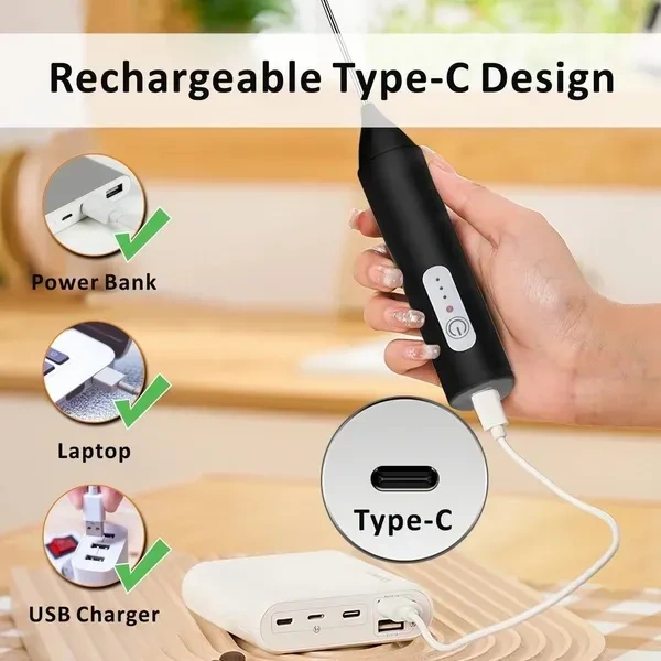 Rechargeable Milk Frother – Handheld Electric Coffee Frother with USB-C Charging, 3-Speed Stainless Steel Whisk for Lattes, Matcha, Hot Chocolate, and Frappe
