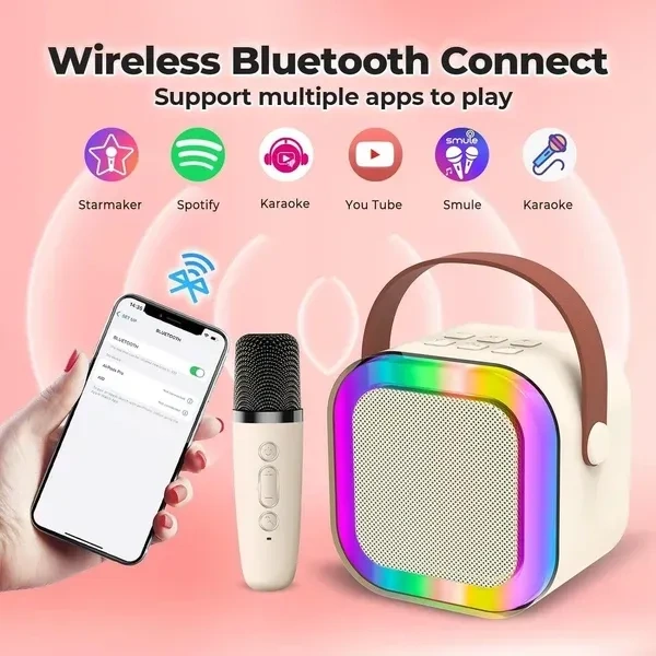 Karaoke Speaker with Mini Portable Blue-Tooth Wireless Microphone and Dynamic Lights Birthday Gift – Model K12 Excellent Toy for Kids 2 3 4 5 6 Year