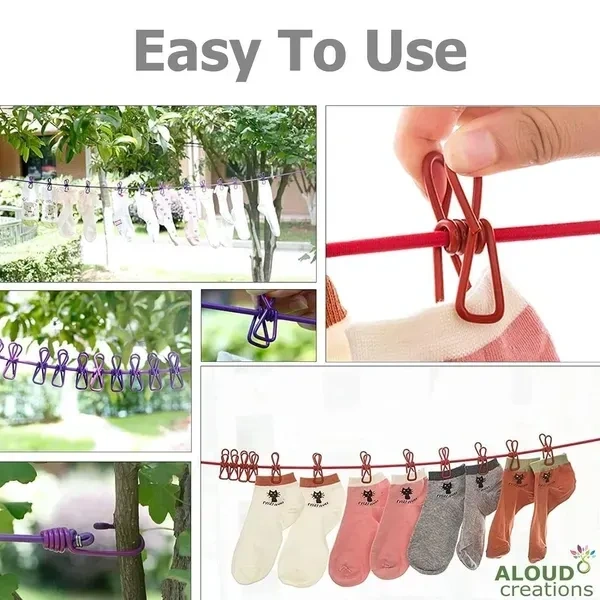 Portable Multi Functional Drying Rope with 12 Clips and 2 Hooks Durable Portable Outdoor Travel Clothesline Rope Clothes Hanging Hook (Multicolor)