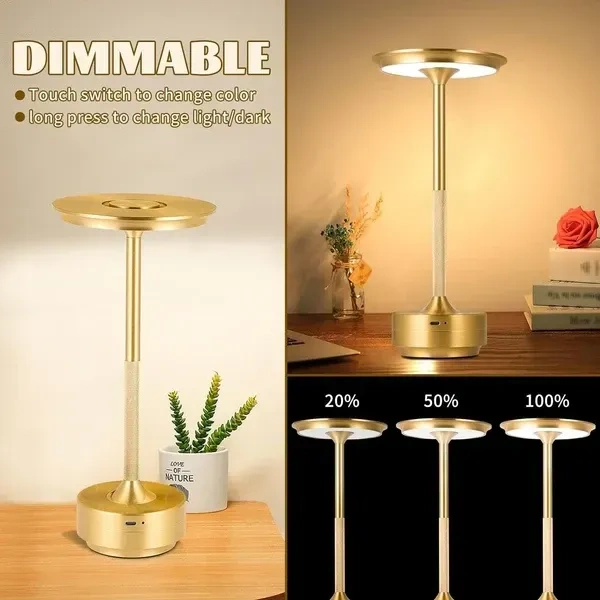 Desidiya Metal Rechargeable Cordless Led Table Lamps Touch Sensor Light, 3-Levels Portable Dimming Wireless Battery Operated Lamp,Nightstand Lamp/Night Light/Restaurant Table/Outdoor/Coffee/Bar(Gold)
