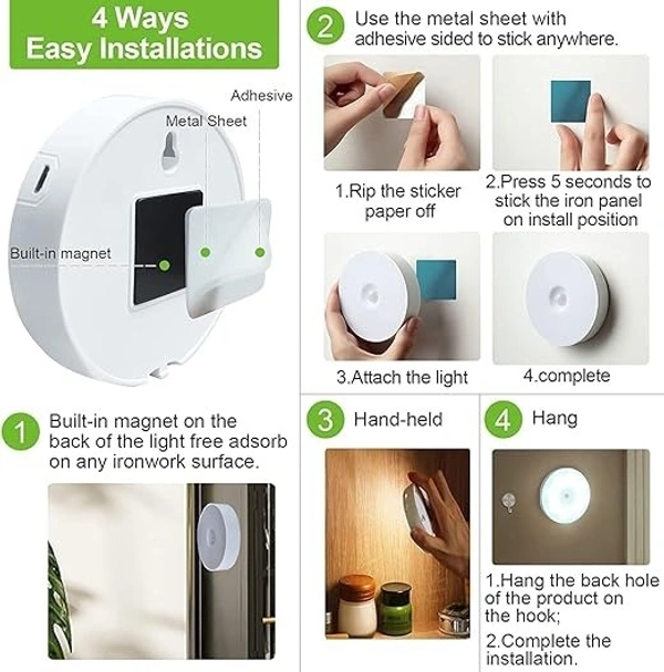 Chillyfit Motion Sensor Light Home (Pack Of 4) With Usb Charging Wireless Self Adhesive Led Body Induction Lamp Sensor Light Wardrobe Lights With Sensor Night Light Cupboard Stairs, 8.6 Cm, White
