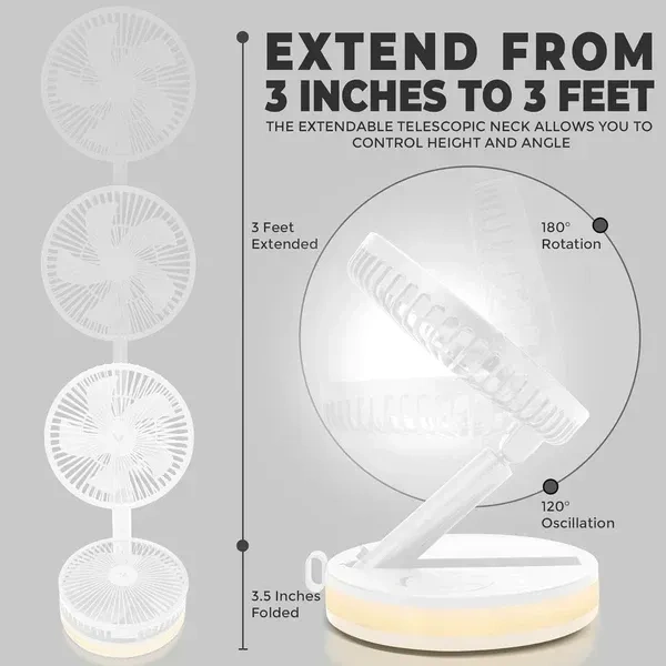 Drake 3 Speed Adjustable Folding Telescopic Table Fan, Rechargeable Mini Folding Fan Cooling Portable Mini Electric Outdoor Fan
