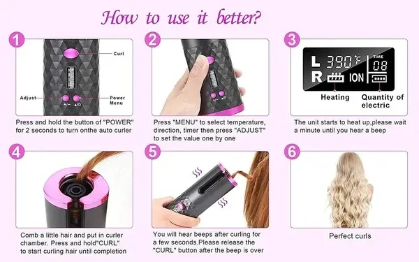 Mysticoal Usb Rechargeable Cordless Curling Iron Ceramic Rotating Wireless Hair Curler Adjustable Temperature (Multicolour)