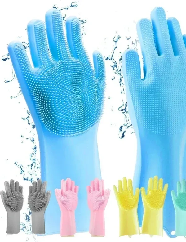 HUSB® Gloves Magic Silicone Dish Washing Gloves, Silicon Cleaning Gloves, Silicon Hand Gloves for Kitchen Dishwashing and Pet Grooming, Great for Washing Dish, Car, Bathroom (Multicolour, 1 Pair)