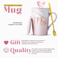 CPENSUS Ceramic Marble Finish Coffee Mug With Lid & Spoon For Anniversary Wedding Engagement Valentine Gifts For Couple 380 ML