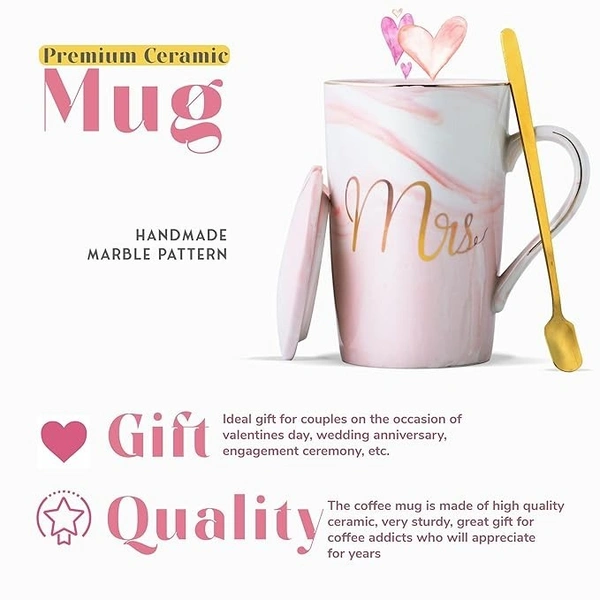 CPENSUS Ceramic Marble Finish Coffee Mug With Lid & Spoon For Anniversary Wedding Engagement Valentine Gifts For Couple 380 ML