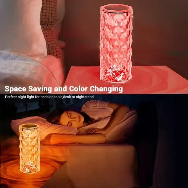 Rose Crystal Diamond Table Lamp - USB Rechargeable RGB 16 Color 7 Brightness Touch LED Lamp Colour Changing Crystal Lamp Atmosphere Bedside Night Lights with Remote Control