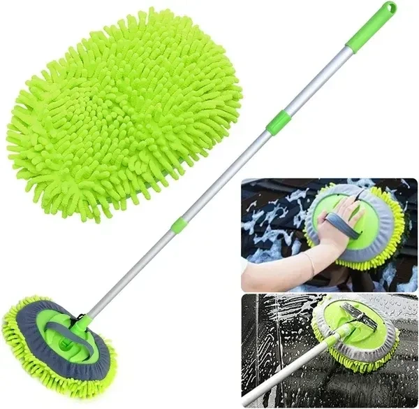 HUBTURE 2 in 1 Chenille Microfiber Car Wash Mop Mitt with 46" Aluminum Alloy Long Handle,Car Cleaning Kit Brush Duster,Scratch Free Cleaning Tool Dust Collector Supplies, 2Pcs Mop Head(Green)