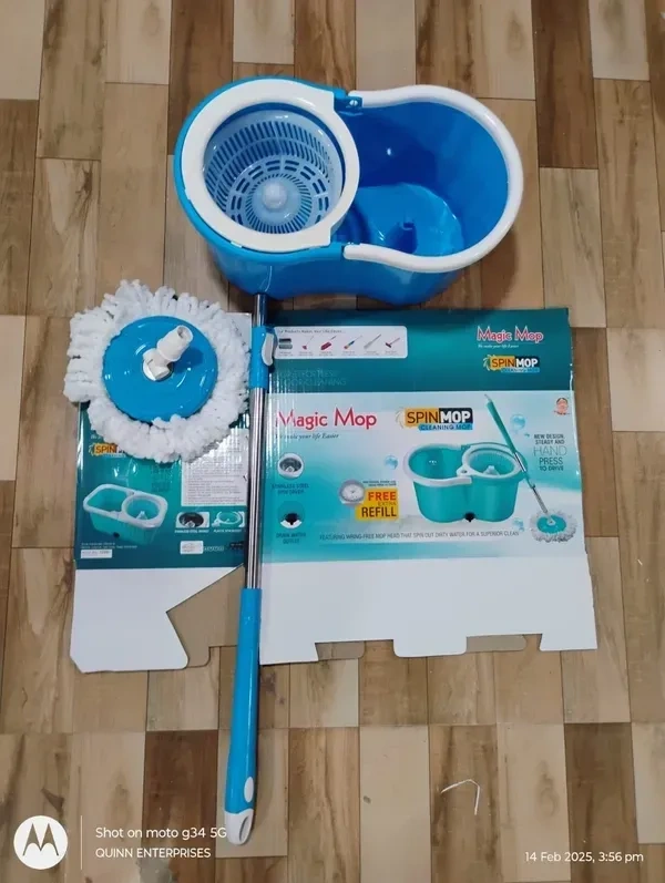Plastic Mop Bucket WITH BOX Quick Spin Mop with 2 Microfiber Wet Dry Mophead Floor Cleaning pocha Extendable Handle Removable Wringer 360° Floor Cleaner Mopping Set
