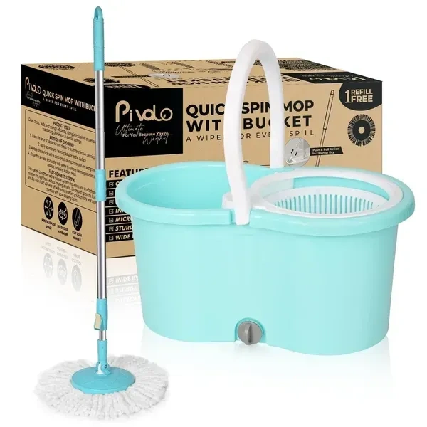 Plastic Mop Bucket WITH BOX Quick Spin Mop with 2 Microfiber Wet Dry Mophead Floor Cleaning pocha Extendable Handle Removable Wringer 360° Floor Cleaner Mopping Set