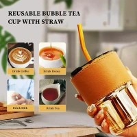KRIOM Leather Grip Coffee Cup Sipper Glass with Straw, Mug with Straw Coffee Cup, Coffee Mug with Lid, Spper Cup for Adults, Glass Bottle with Straw Coffee (Set of 1)