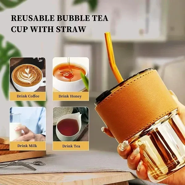 KRIOM Leather Grip Coffee Cup Sipper Glass with Straw, Mug with Straw Coffee Cup, Coffee Mug with Lid, Spper Cup for Adults, Glass Bottle with Straw Coffee (Set of 1)