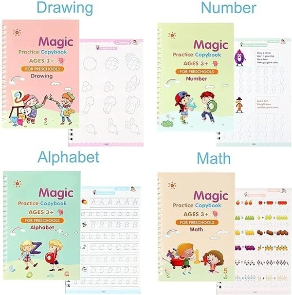 SHOPPOSTREET Sank Magic Practice Copybook, (4 BOOK + 10 REFILL+ 2 Pen +2 Grip) Number Tracing Book for Preschoolers with Pen, Magic Calligraphy Copybook Set Practical Reusable Writing Tool Simple Hand Lettering