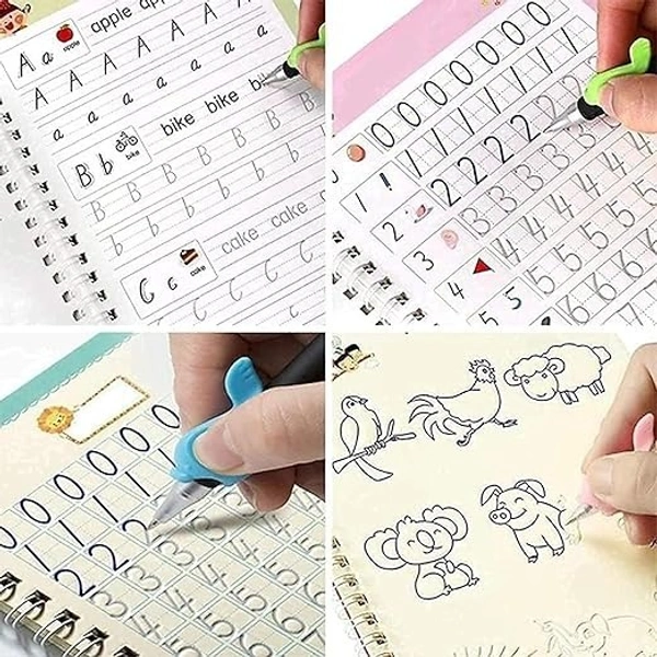 SHOPPOSTREET Sank Magic Practice Copybook, (4 BOOK + 10 REFILL+ 2 Pen +2 Grip) Number Tracing Book for Preschoolers with Pen, Magic Calligraphy Copybook Set Practical Reusable Writing Tool Simple Hand Lettering