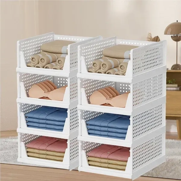 VERAT 1 PCS Plastic Foldable & Stackable Organizers Rack | Drawer Shelf Storage Container for Home Wardrobe & Cupboard Large White