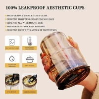 KRIOM Leather Grip Coffee Cup Sipper Glass with Straw, Mug with Straw Coffee Cup, Coffee Mug with Lid, Spper Cup for Adults, Glass Bottle with Straw Coffee (Set of 1)