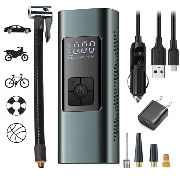 Portable Tyre Inflator Air Compressor Rechargeable DC12V 6000mAh Mini Electric Air Pump for Car, 140PSI Auto-Off Tyre Pump with Pressure Gauge for Motorcycle Bicycle Balls, Power Bank, LED Light