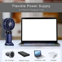 Portable Fan Mini Handheld Blue Fan with Digital Display Small USB Rechargeable Personal Pocket Fan with 5 Speeds Foldable Desk Fan with Lanyard and Base for Home Travel，170007