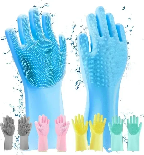 KASHIVAL Gloves Silicone Dish Washing Gloves, Silicon Cleaning Gloves, Silicon Hand Gloves for Kitchen Dishwashing and Pet Grooming, for Washing Dish, Car, Bathroom (Pack Of 3 Pair (6 Gloves))