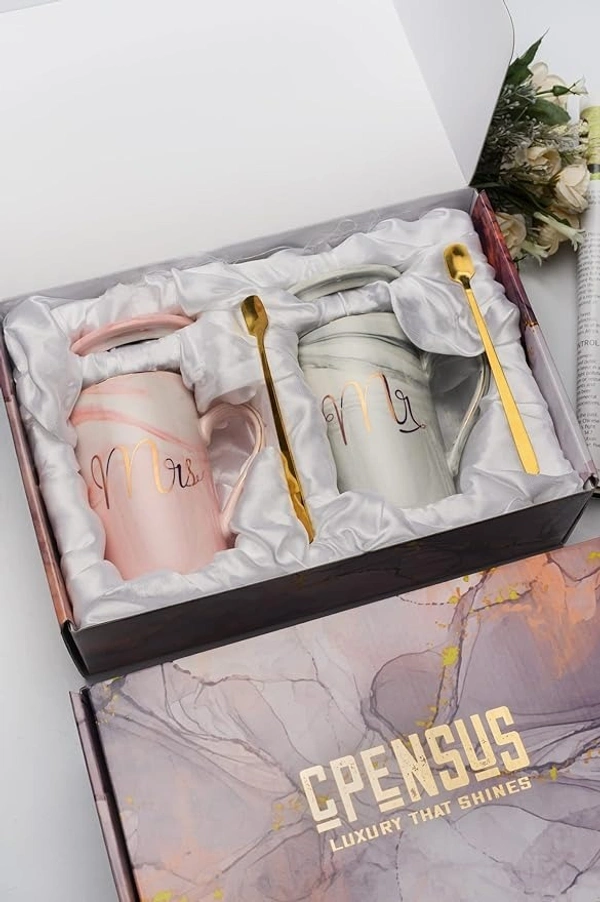 CPENSUS Ceramic Marble Finish Coffee Mug With Lid & Spoon For Anniversary Wedding Engagement Valentine Gifts For Couple 380 ML