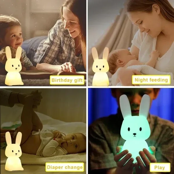 Bunny Night Light For Kids, Cute Animal Night Lamp For Nursery,Kawaii Squishy Silicone Bunny Touch Lights,Portable With Usb Rechargeable, Gifts For Baby Girls And Boys (Bunny) - Led, White