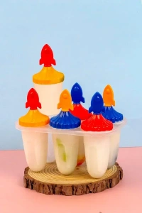Set of 6 Plastic Reusable Rocket ice Pop Makers, Homemade Popsicle/Frozen Ice Cream/Kulfi Candy for Children & Adults - Multicolor