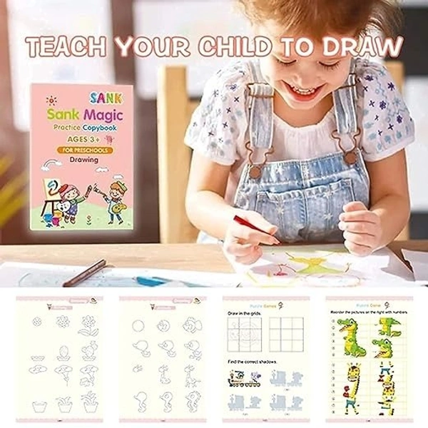 SHOPPOSTREET Sank Magic Practice Copybook, (4 BOOK + 10 REFILL+ 2 Pen +2 Grip) Number Tracing Book for Preschoolers with Pen, Magic Calligraphy Copybook Set Practical Reusable Writing Tool Simple Hand Lettering