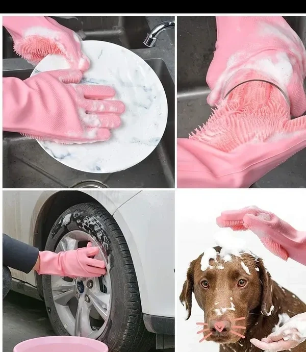 HUSB® Gloves Magic Silicone Dish Washing Gloves, Silicon Cleaning Gloves, Silicon Hand Gloves for Kitchen Dishwashing and Pet Grooming, Great for Washing Dish, Car, Bathroom (Multicolour, 1 Pair)