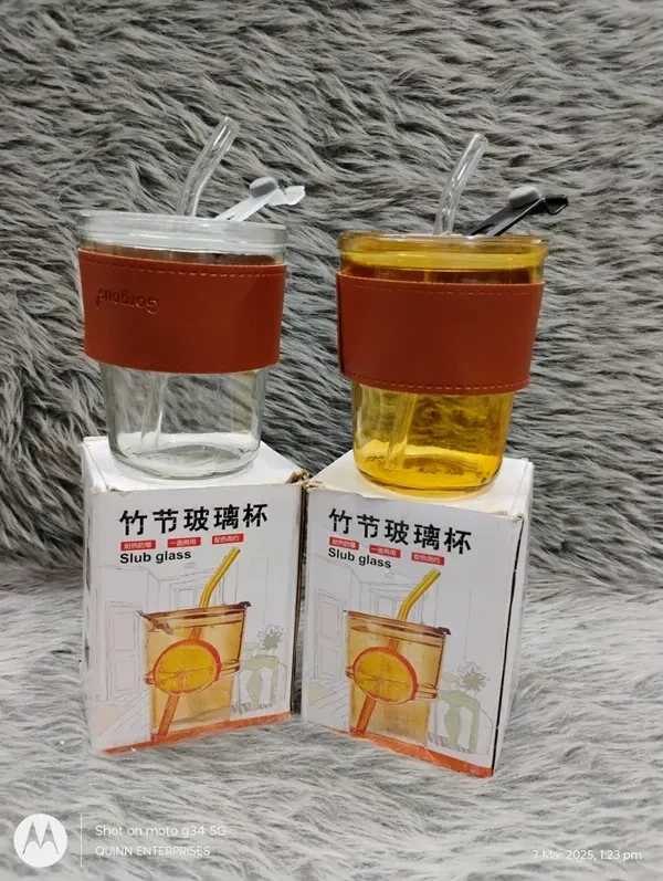 KRIOM Leather Grip Coffee Cup Sipper Glass with Straw, Mug with Straw Coffee Cup, Coffee Mug with Lid, Spper Cup for Adults, Glass Bottle with Straw Coffee (Set of 1)