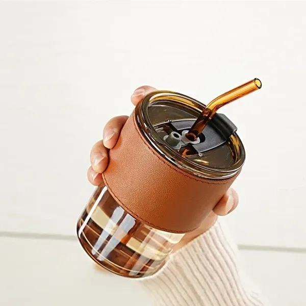 KRIOM Leather Grip Coffee Cup Sipper Glass with Straw, Mug with Straw Coffee Cup, Coffee Mug with Lid, Spper Cup for Adults, Glass Bottle with Straw Coffee (Set of 1)