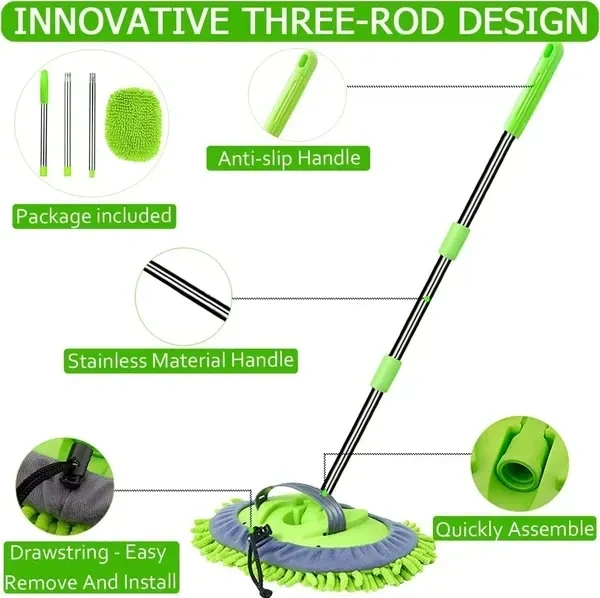 HUBTURE 2 in 1 Chenille Microfiber Car Wash Mop Mitt with 46" Aluminum Alloy Long Handle,Car Cleaning Kit Brush Duster,Scratch Free Cleaning Tool Dust Collector Supplies, 2Pcs Mop Head(Green)