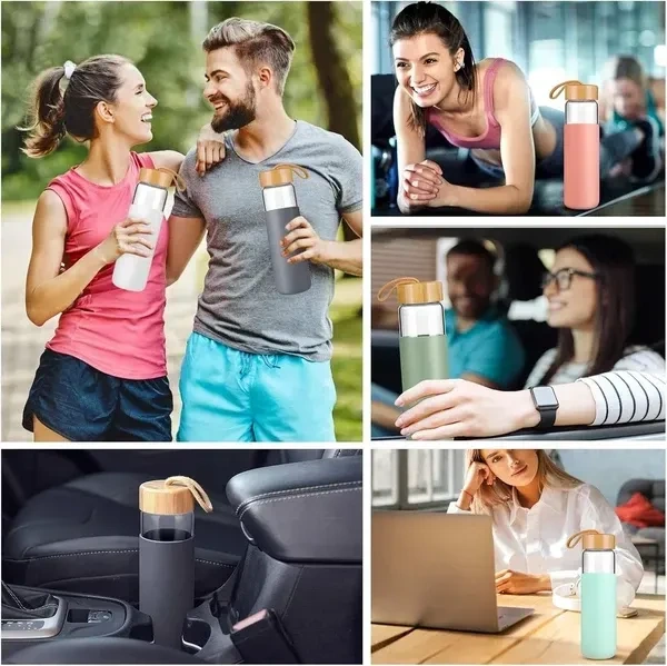 550 ML Borosilicate Glass Water Bottle with Bamboo Lid and Silicone Sleeve - BPA-Free