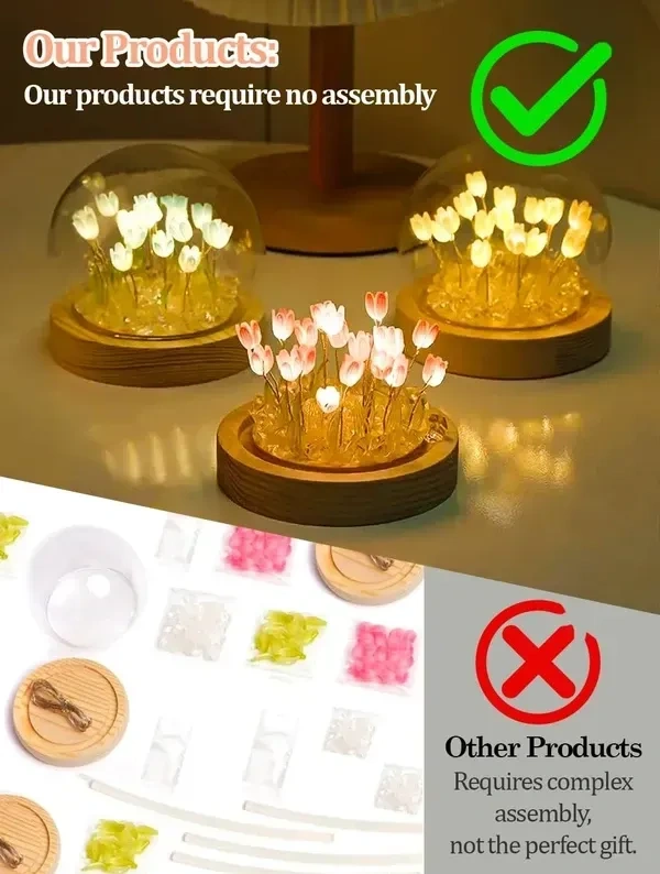 Hudux DIY Tulip Night Light LED Decorations Lamp, Glass Artificial Tulips Flower, Bedroom Table Lamp, 9 Flowers, Children Girl Couple Friends Gift, Atmosphere Decoration Desk Ornament