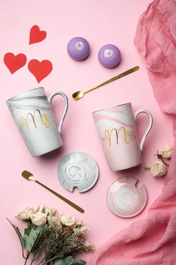 CPENSUS Ceramic Marble Finish Coffee Mug With Lid & Spoon For Anniversary Wedding Engagement Valentine Gifts For Couple 380 ML