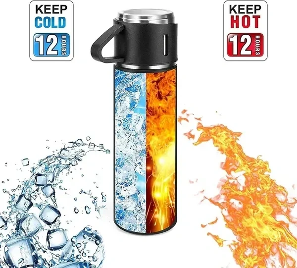 Kraftobotic Double Wall Stainless Steel Thermo 500ml Vacuum Insulated Bottle Water Flask Gift Set with Two Cups Hot & Cold (Multicolor)