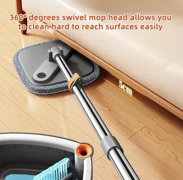 Spin Mop and Bucket Set with Self Separation Dirty and Clean Water System, Square Mop Bucket Self Wringing 360° Rotating Clean Floor Mop-Head for Hardwood Tile Marble Floors (Mop Set with 2pads)