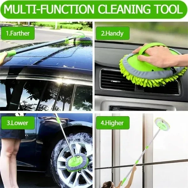 HUBTURE 2 in 1 Chenille Microfiber Car Wash Mop Mitt with 46" Aluminum Alloy Long Handle,Car Cleaning Kit Brush Duster,Scratch Free Cleaning Tool Dust Collector Supplies, 2Pcs Mop Head(Green)