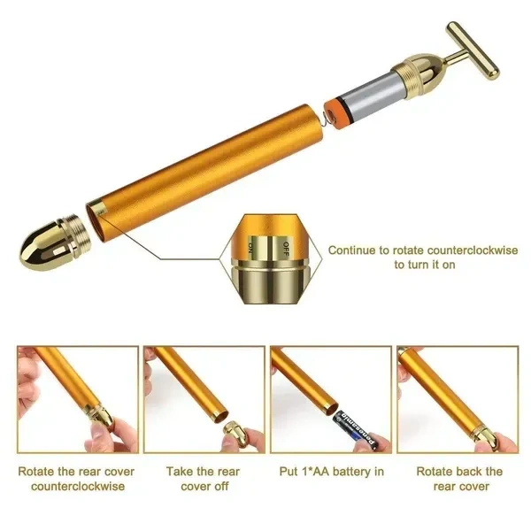 Dealsure 24k Gold Energy Beauty Bar Electric Vibration Facial Massage Roller Waterproof Face Skin Care T-Shaped Anti Wrinkle Massager for Forehead Cheek Neck Clavicle Arm (Gold Colour)