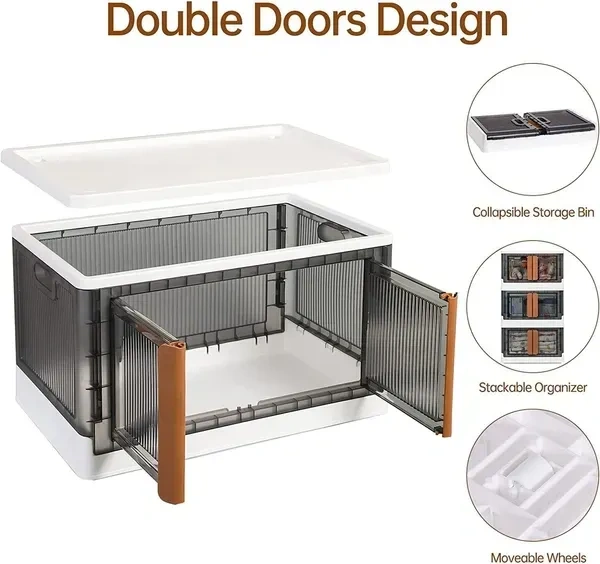 Folding Storage Boxes Set 50L Collapsible Storage Bins,Foldable Stackable Plastic Storage Boxes For Organizing with Double Doors & Secure Buckle for Home, Office, Bedroom
