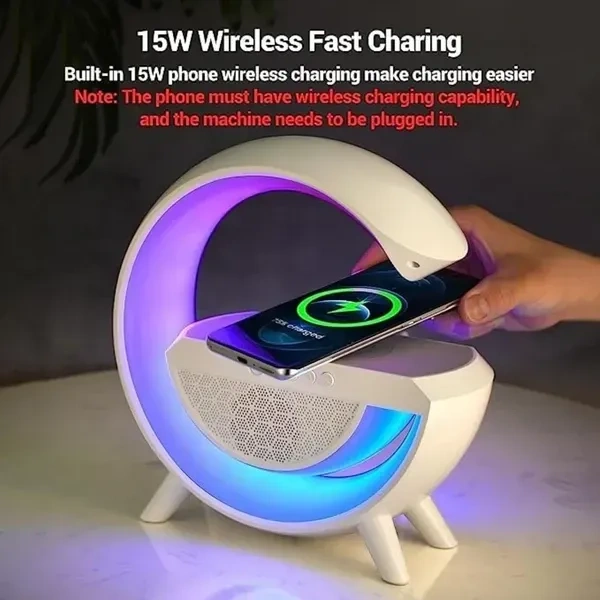 Multi-Function Bluetooth Speaker Lamp with Wireless Fast Charging, RGB Light with 8 Music Sync Modes, Dimmable Night Light Bedside Lamp for Android