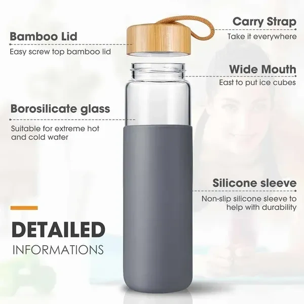 550 ML Borosilicate Glass Water Bottle with Bamboo Lid and Silicone Sleeve - BPA-Free