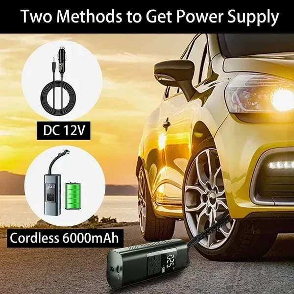 Portable Tyre Inflator Air Compressor Rechargeable DC12V 6000mAh Mini Electric Air Pump for Car, 140PSI Auto-Off Tyre Pump with Pressure Gauge for Motorcycle Bicycle Balls, Power Bank, LED Light