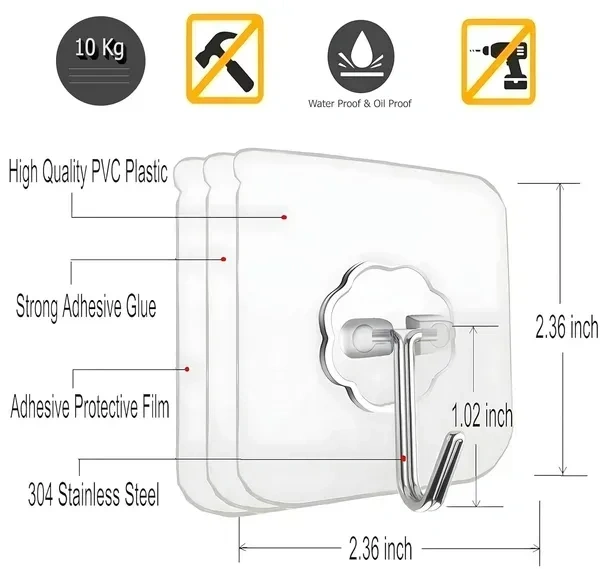 Wall Hooks for Hanging Strong Hook for Wall Hanging Hook Without Drill Self Adhesive Hooks for Wall Heavy Duty Wall Stick Hook Wall Hanger Hook