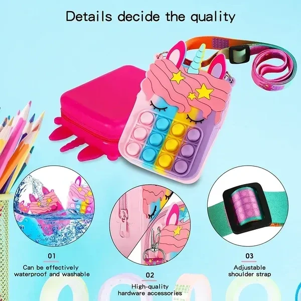 FunBlast Unicorn Pop it Sling Bag - Crossbody Bag for Kids, Pop it Purse for Girls, Stress Relief Toys Pop It Bag for Girls, Fidget Purse for Kids, (Pack of 1 Pcs)
