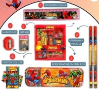Cartoon Print Stationary Set for Kids, Metal Geometry Pencil Box/1 Ruler Scale/Pencil Sharpner/Eraser/2 Pencils and 6 Crayon Colors Set(Print May Vary)