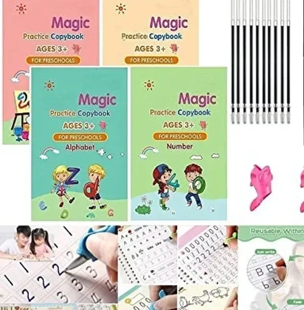 SHOPPOSTREET Sank Magic Practice Copybook, (4 BOOK + 10 REFILL+ 2 Pen +2 Grip) Number Tracing Book for Preschoolers with Pen, Magic Calligraphy Copybook Set Practical Reusable Writing Tool Simple Hand Lettering