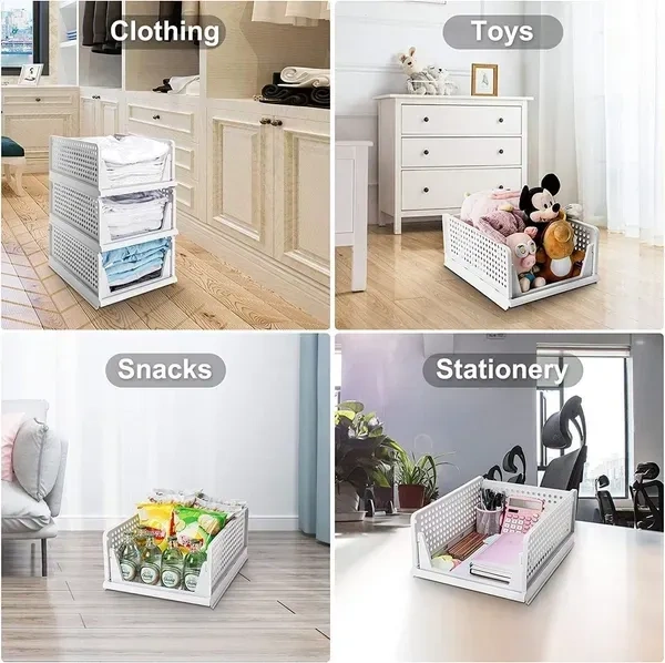 VERAT 1 PCS Plastic Foldable & Stackable Organizers Rack | Drawer Shelf Storage Container for Home Wardrobe & Cupboard Large White